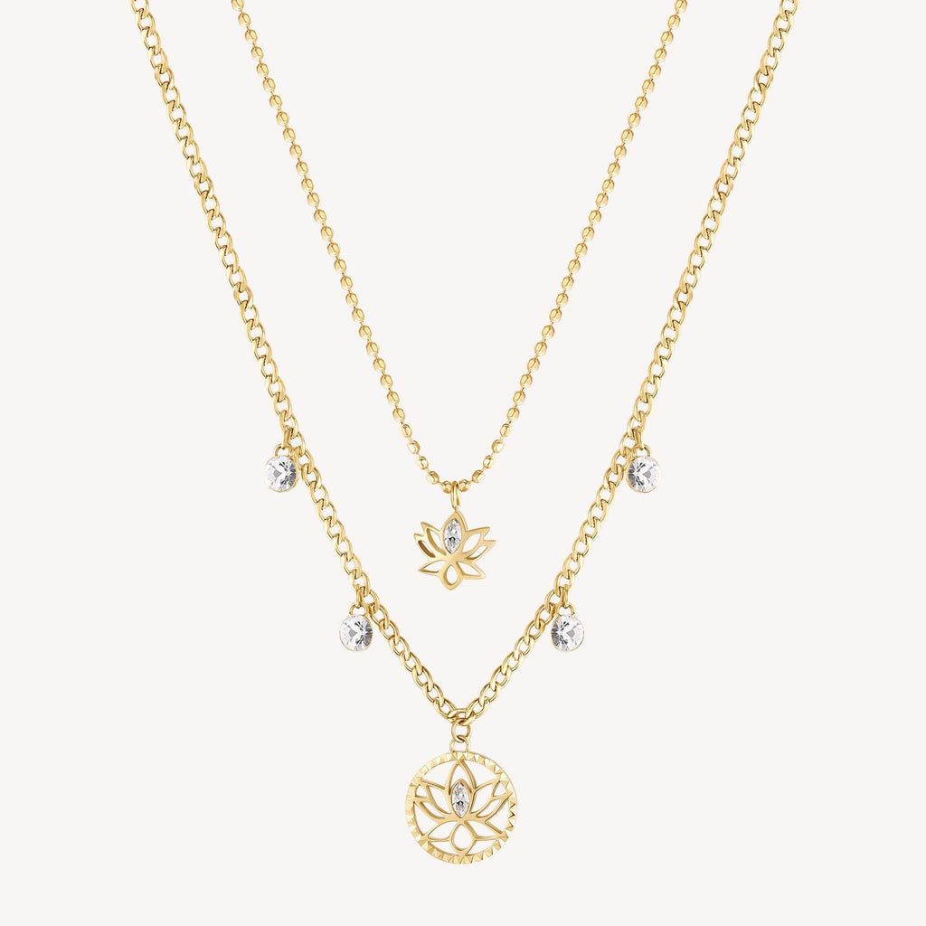 Yellow necklace with lotus pendants and simulated diamonds.