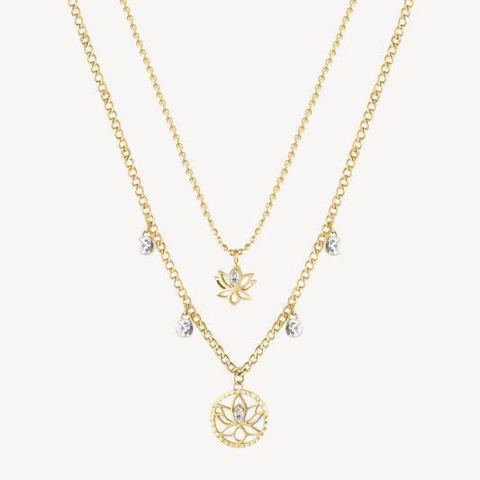 Yellow necklace with lotus pendants and simulated diamonds.