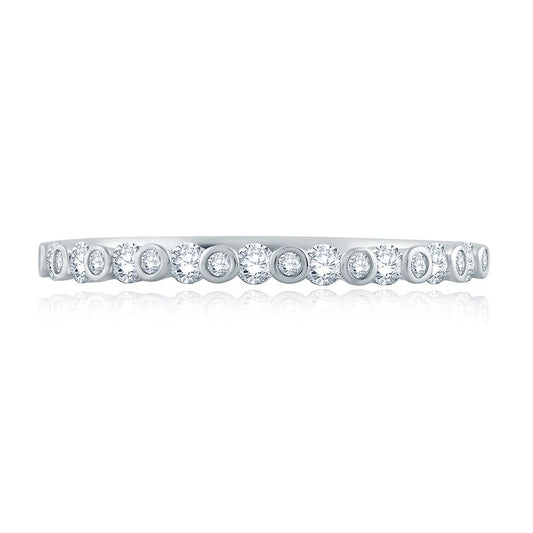 14K white gold band with round diamonds.