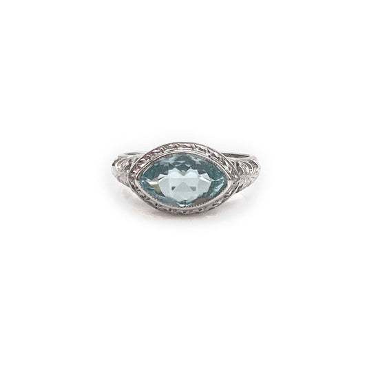 ReMARKable Estate Marquise Aquamarine Color Gemstone Ring in 18 Karat White Gold with 0.65ctw 9mm-9mm