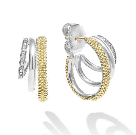 LAGOS Caviar Lux Collection Natural Diamond Small Hoop Earrings in Sterling Silver with 0.16ctw Round Diamonds