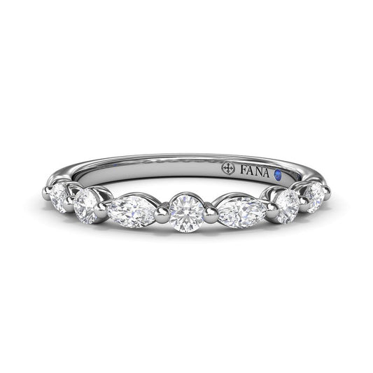 14K white gold band with round diamonds.