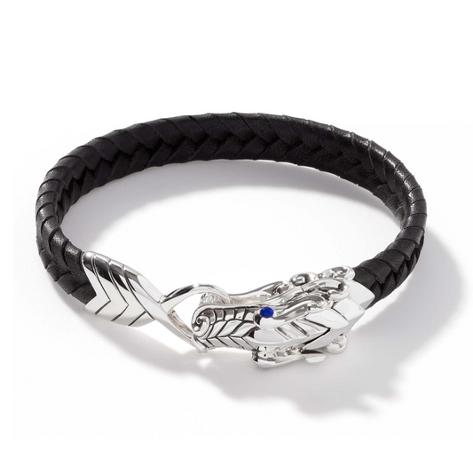 Black leather bracelet, silver clasp, blue sapphires.