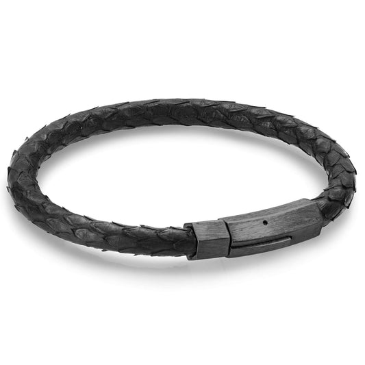 Black braided leather bracelet with stainless steel clasp.
