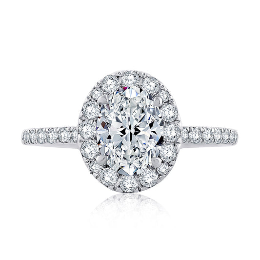 Halo diamond engagement ring in white gold.