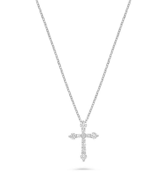 Cross necklace with round diamonds in white gold.
