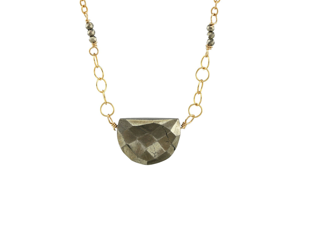 Gold-filled necklace with half-moon pyrite centerpiece.