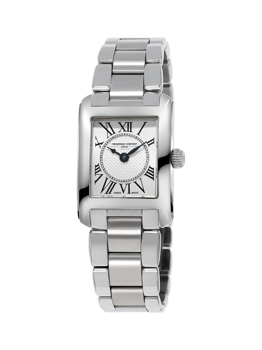 Silver stainless steel watch, Roman numerals, rectangular case.