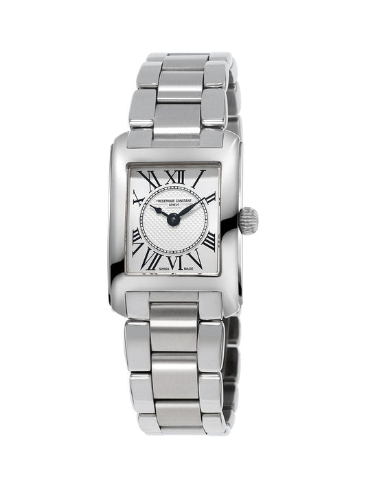 Silver stainless steel watch, Roman numerals, rectangular case.