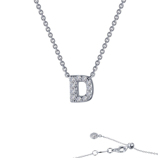 Simulated diamond "D" pendant on chain.