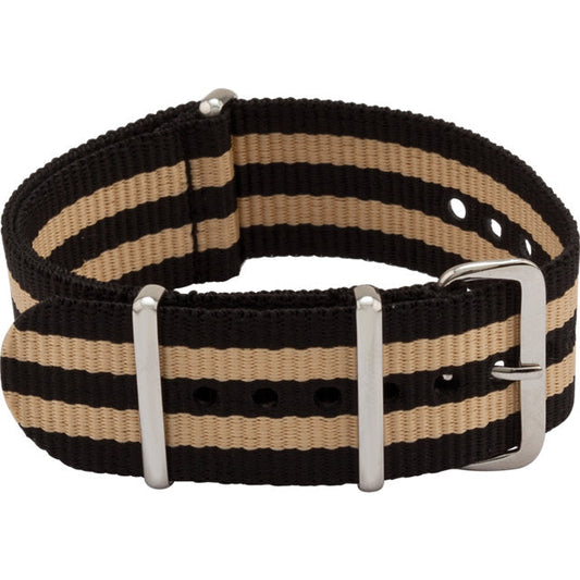 Black and beige striped nylon watch band.