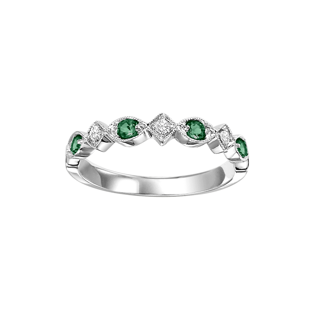 Emerald and diamond band in white gold.