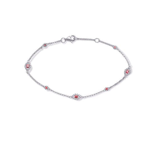 ReMARKable Designs Station Ruby Color Gemstone Bracelet in 14 Karat White Gold with 7 Round Rubies 0.30ctw