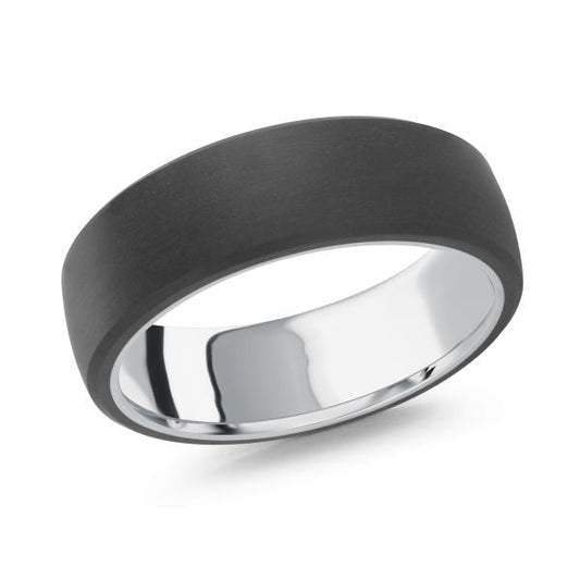 Black carbon fiber and white metal band.