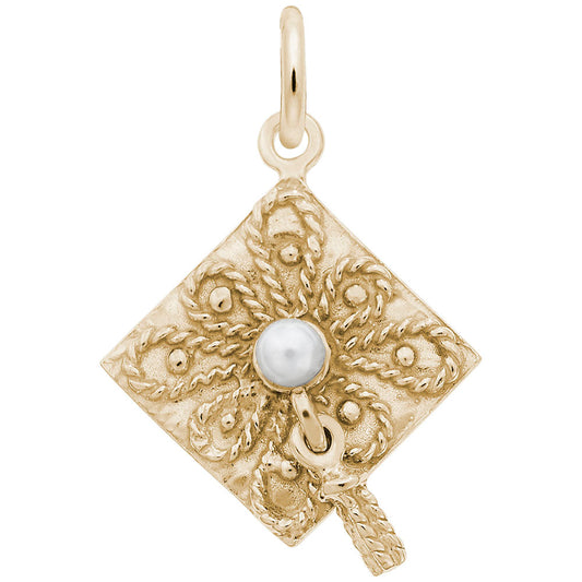 Gold-plated graduation cap charm with pearl.