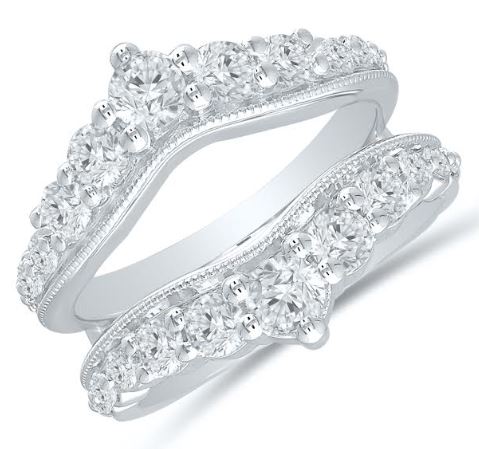 14K white gold band with round diamonds.
