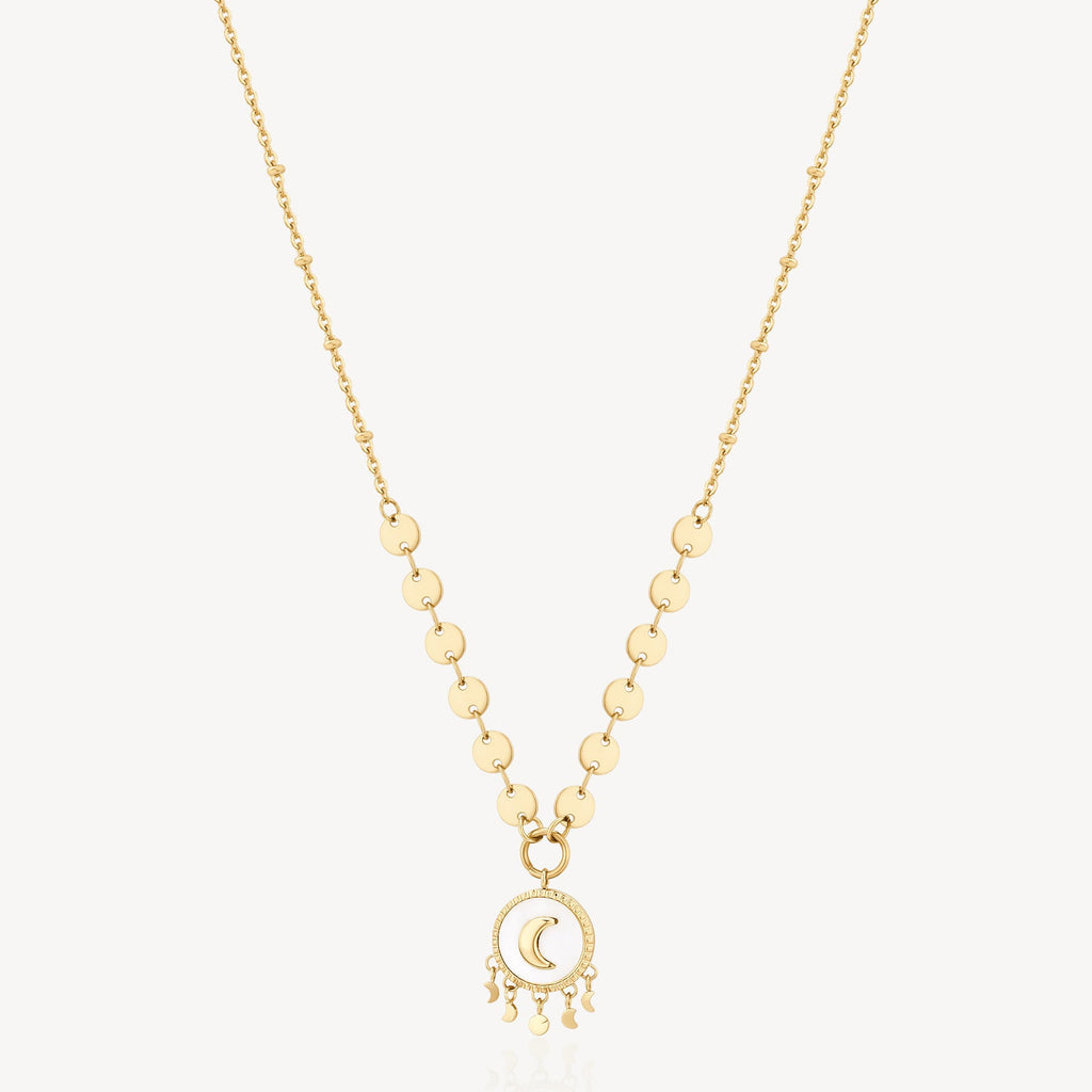 Yellow stainless steel necklace with moon charm.