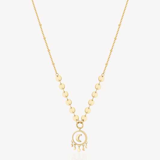 Yellow stainless steel necklace with moon charm.