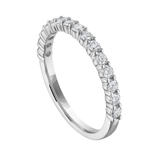 14K white gold band with round diamonds.