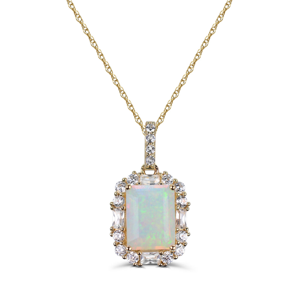 Rectangular opal pendant with zircon halo.