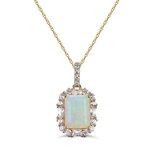 Rectangular opal pendant with zircon halo.