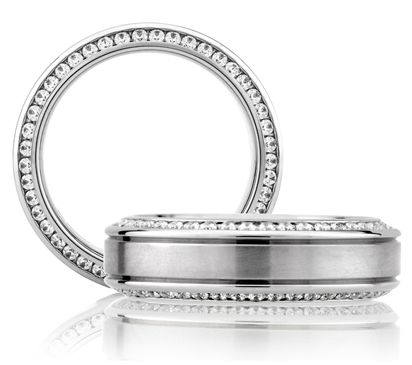 14K white gold band with round diamonds.