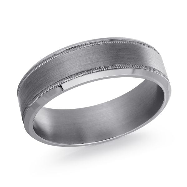 Tantalum grey band with carved details.