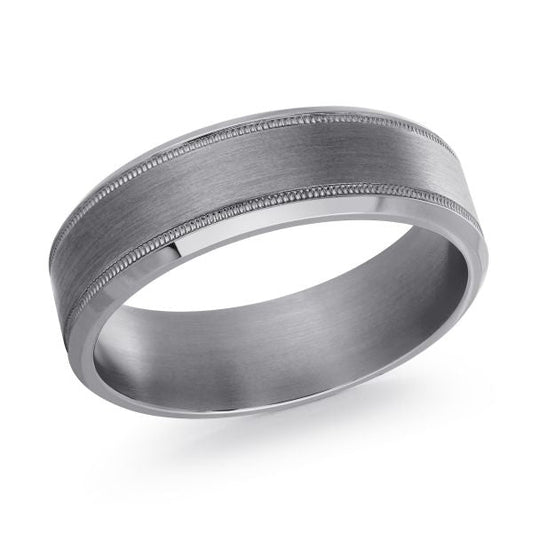 Tantalum grey band with carved details.