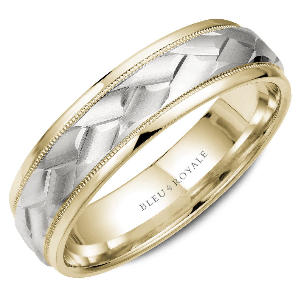 Carved 14K white-yellow gold textured band.