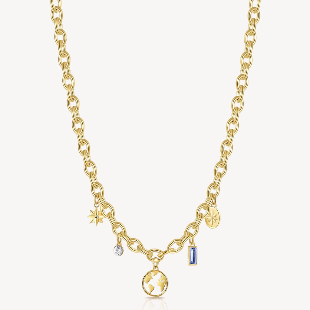 Yellow chain necklace with colorful gemstone charms.