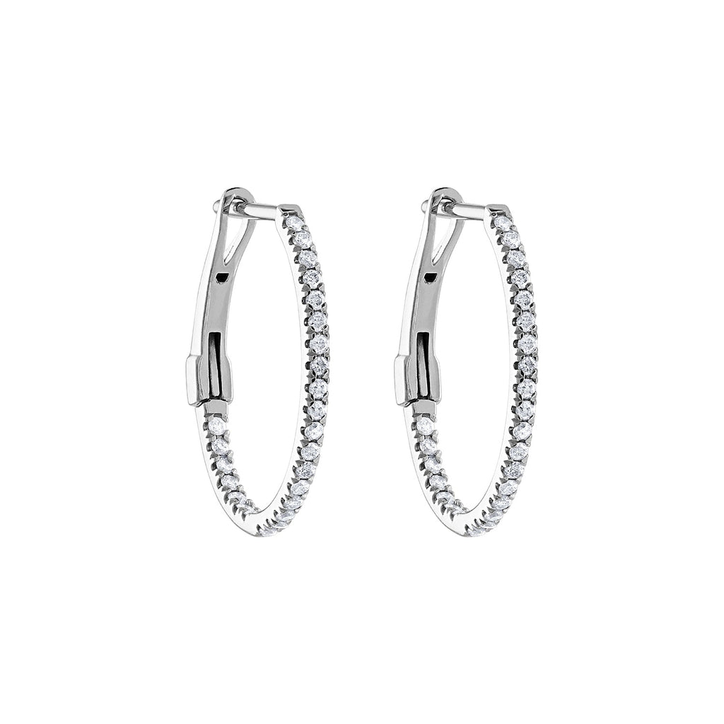 14K white gold diamond hoop earrings.