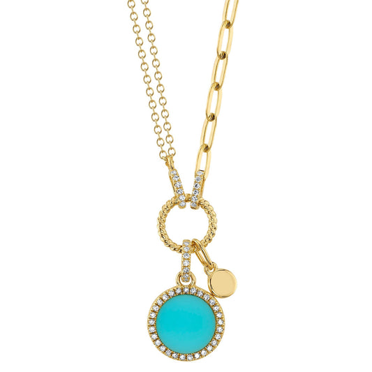Yellow gold necklace with turquoise and diamonds.
