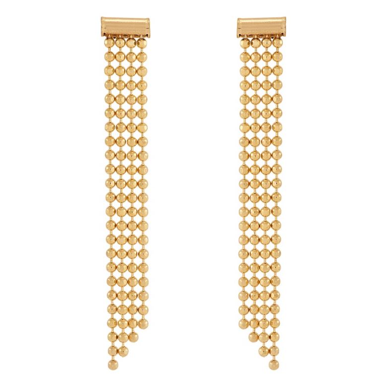 Gold dangle earrings with beaded strands.