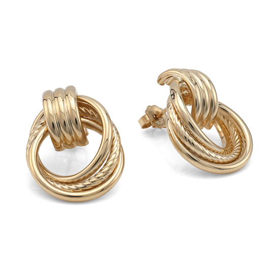 14K yellow gold twisted doorknocker earrings.