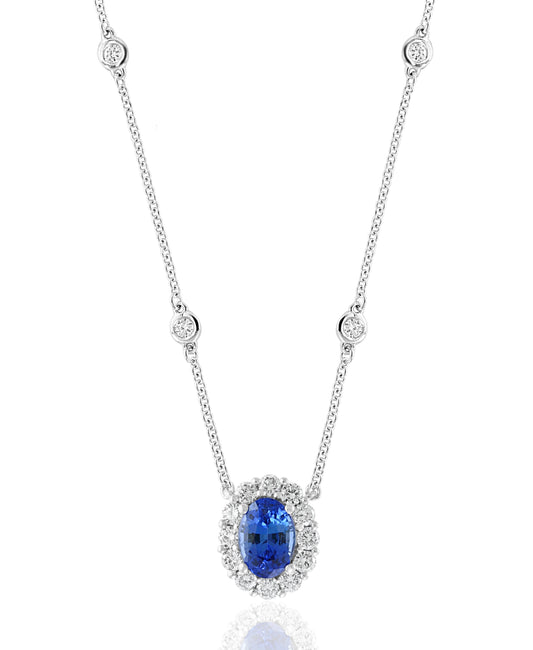 ReMARKable Designs Pendant Color Gemstone Necklace in 18 Karat White Gold with 1 Oval Sapphire 0.77ctw