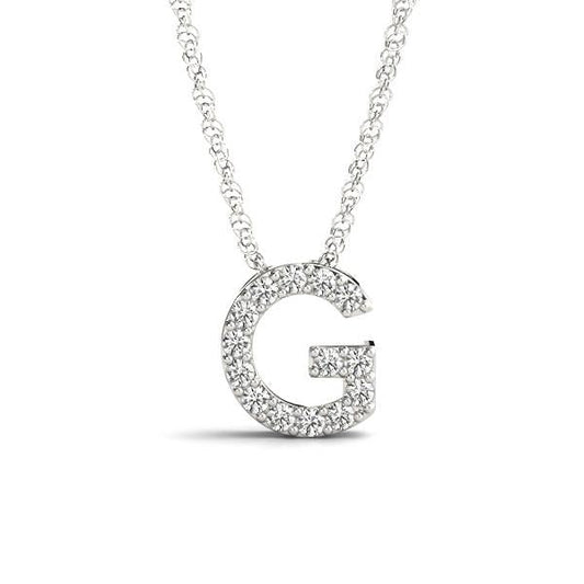 Diamond initial "G" necklace in white gold.