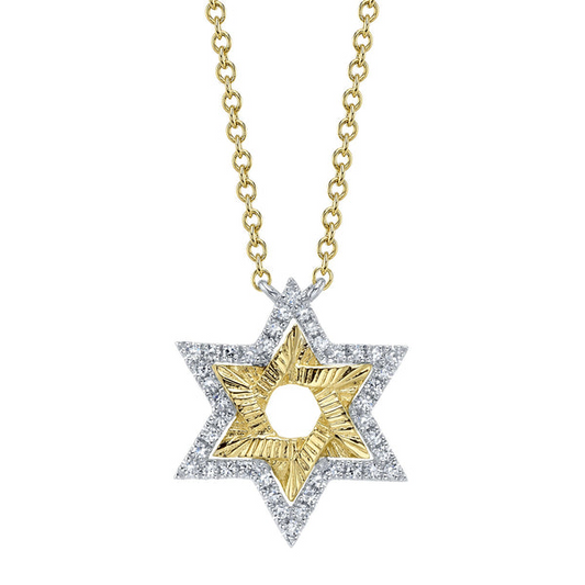 Star of David diamond necklace, two-tone design.
