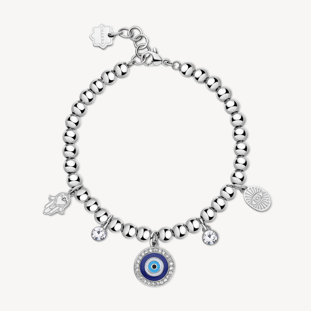 Stainless steel bead bracelet with charms.