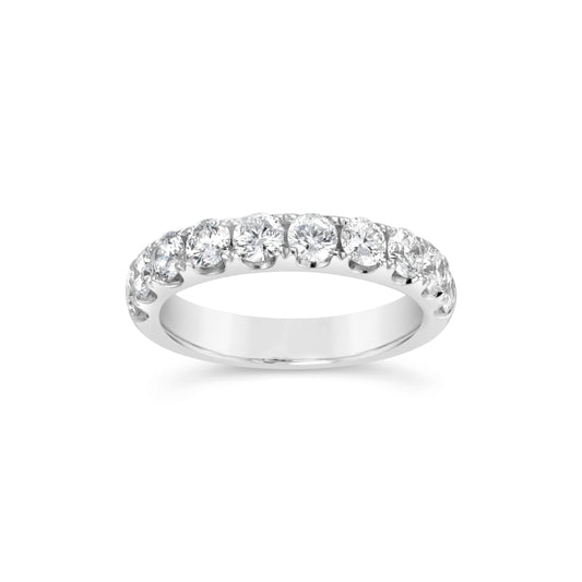 14K white gold band with round diamonds.