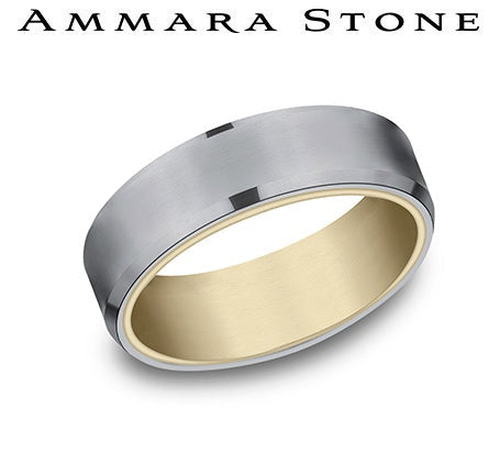Tantalum yellow-grey carved men's band.