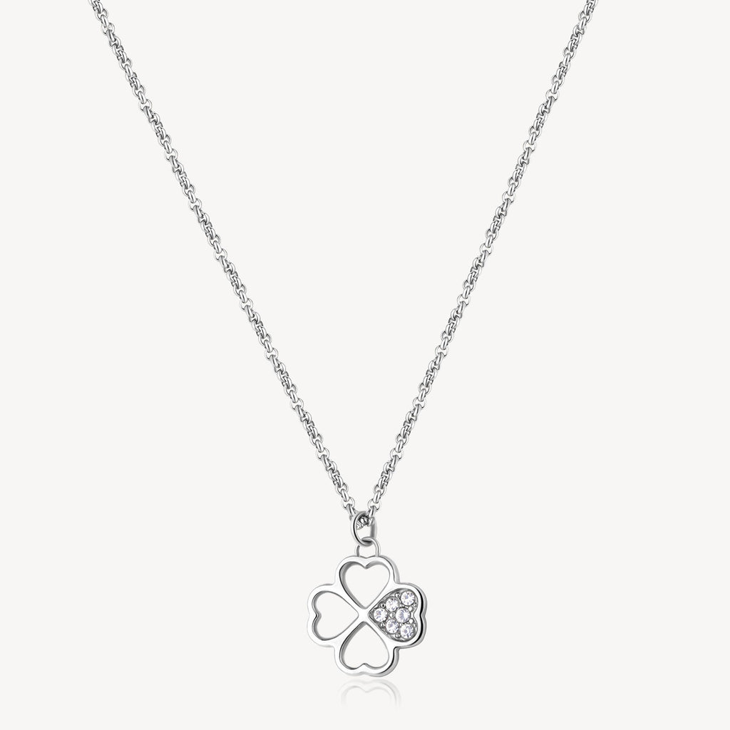 Clover pendant with simulated diamond accents.