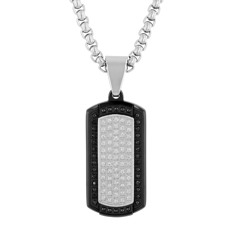 Stainless steel necklace with black, white diamonds.
