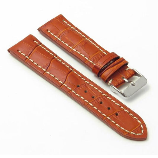 Tan leather watch band with white stitching.