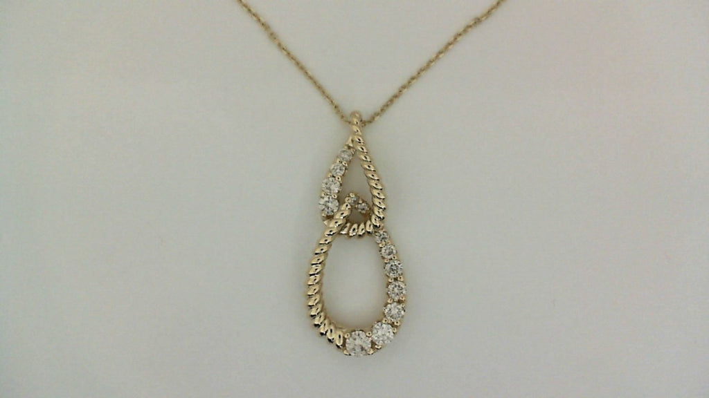 Yellow gold necklace with diamond teardrop pendant.