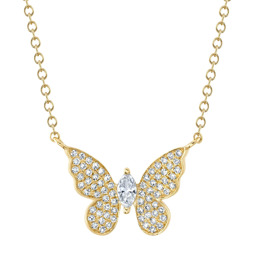Butterfly diamond necklace, yellow gold, various shapes.