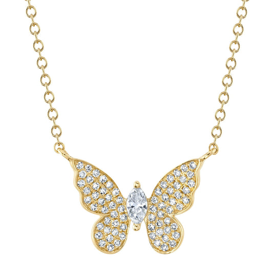 Butterfly diamond necklace, yellow gold, various shapes.
