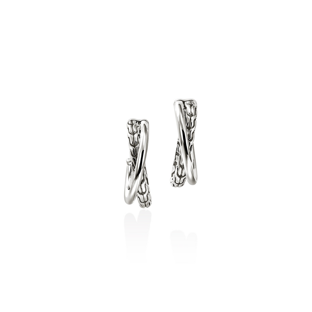 Sterling silver J hoop engraved earrings.
