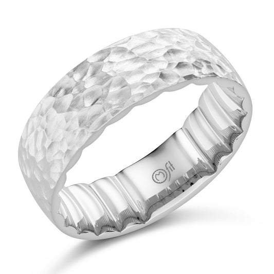 Hammered white gold band, polished satin finish.