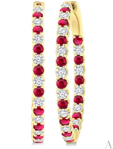 14K yellow gold hoop earrings with rubies.