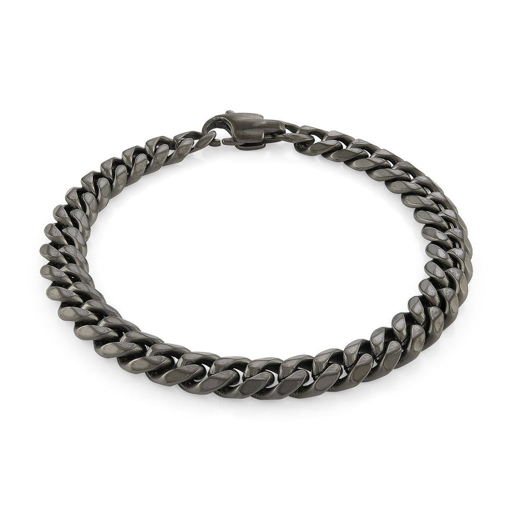 Dark grey stainless steel curb link bracelet.
